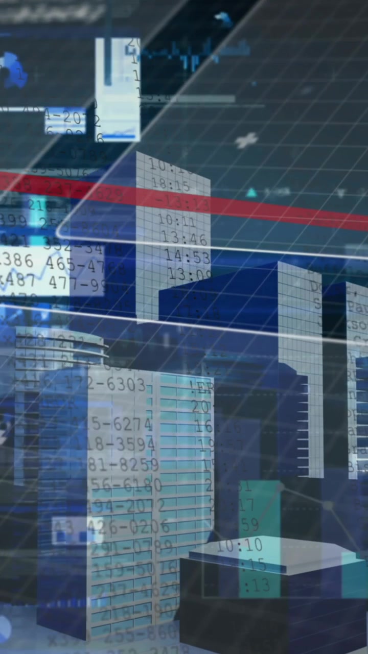 Digital animation showcases global business, finance, and technology concepts.