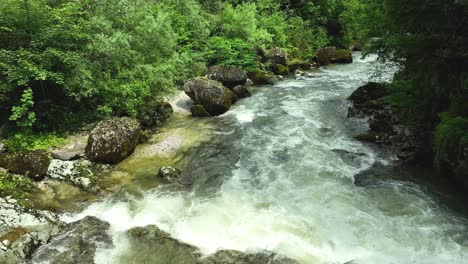 Paisaje-De-Flujo-De-Agua-De-Río-Azul-Y-Verde-Entre-El-Bosque-En-El-Valle-De-Logar-Vista-Aérea-De-Drones,-Viajes-Y-Turismo-Eslovenos