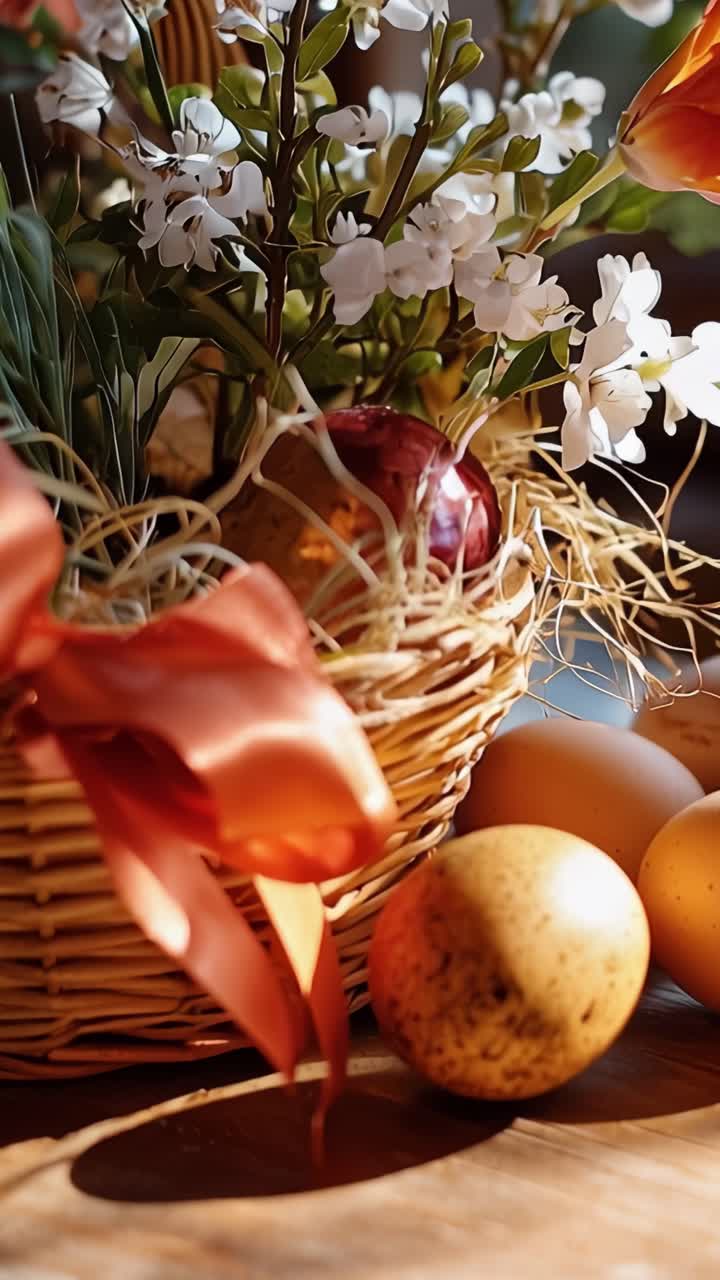 Colorful Easter Basket with Decorated Eggs and Flowers in Soft Light Showcasing the Beauty of Spring Celebrations and Seasonal Decorations on a Wooden Table