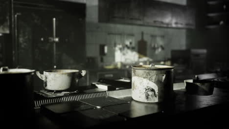 abandoned kitchen with dirty pots and an eerie atmosphere in dim lighting