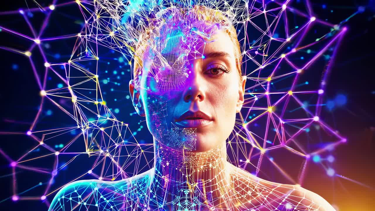 Digital wireframe consuming female body, organic silhouette blending with luminescent particles, transforming within shadowy technological landscape