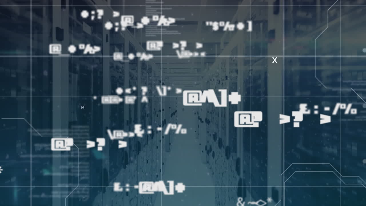 Animation of multiple changing symbols against data processing over computer server room