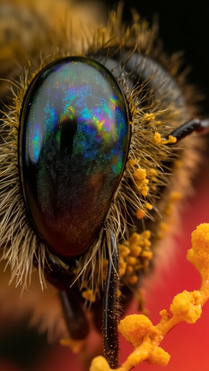 Vibrant Macro Close-up of an Insect's Iridescent Compound Eye Covered in Pollen