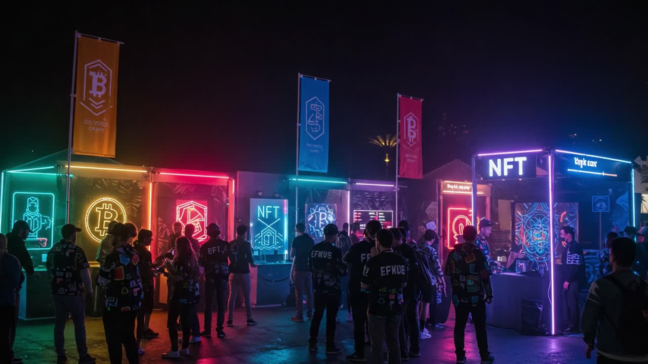 A Vibrant Evening at the Tech Festival Showcasing NFTs, Cryptocurrency, and Engaged Participants Amidst Illuminated Stalls and Colorful Displays