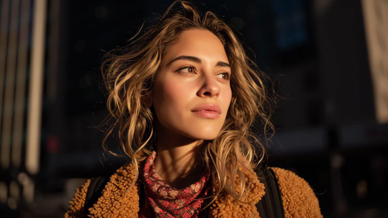 Cinematic footage of a young woman with wavy hair in warm golden hour sunlight, looking away outdoors in an urban street setting, wearing a cozy jacket and scarf