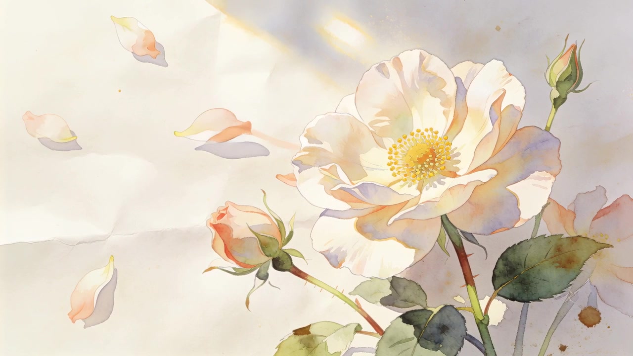 暖かい光が差し込む中、しわくちゃの紙の上を舞い降りるバラの花びらが、バラのつぼみを通り過ぎる。