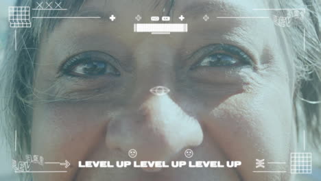 level up text animation over close-up of person''s eyes with digital interface elements