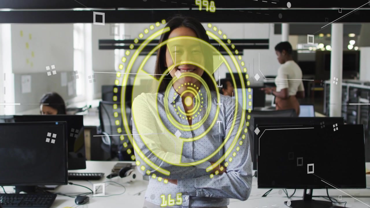 Standing woman reacting to HUD cycling, bringing hands and crossing arms, showing business data