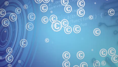 animation of euro currency signs in circles and computer language on blue background