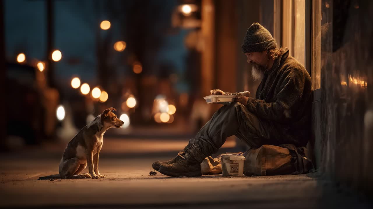 A Heartwarming Moment Between a Homeless Man and His Loyal Dog Sharing a Meal in the Evening Light, Capturing the Bond of Companionship and Resilience in Challenging Times