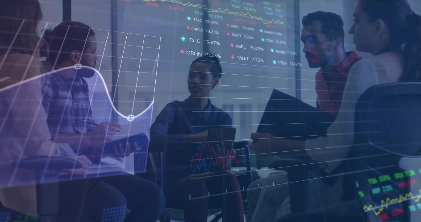 Diverse Business Team Collaborating in Modern Office with Financial Data Overlay