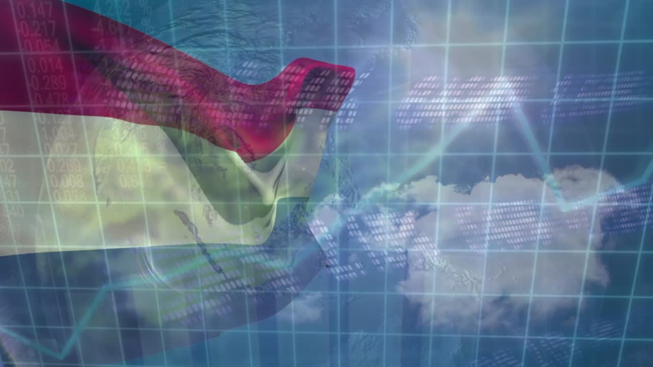 Animatie van gegevensverwerking en wereldbol over vlag van Nederland
