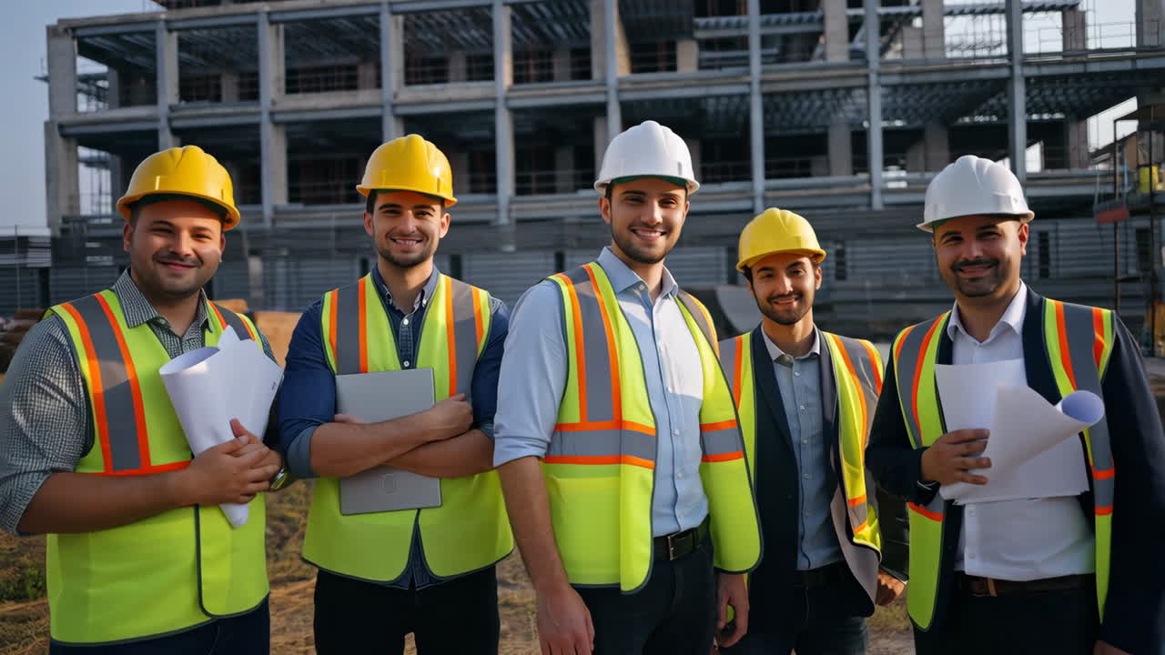 Team of Engineers or Construction Workers at a Building Site