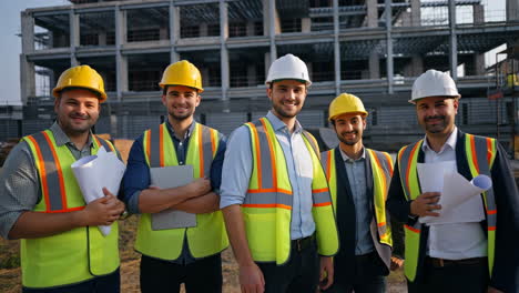 team of engineers or construction workers at a building site