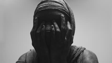 a mummified woman against the bright background in keeps her hands on her face the powerful pose full of despair