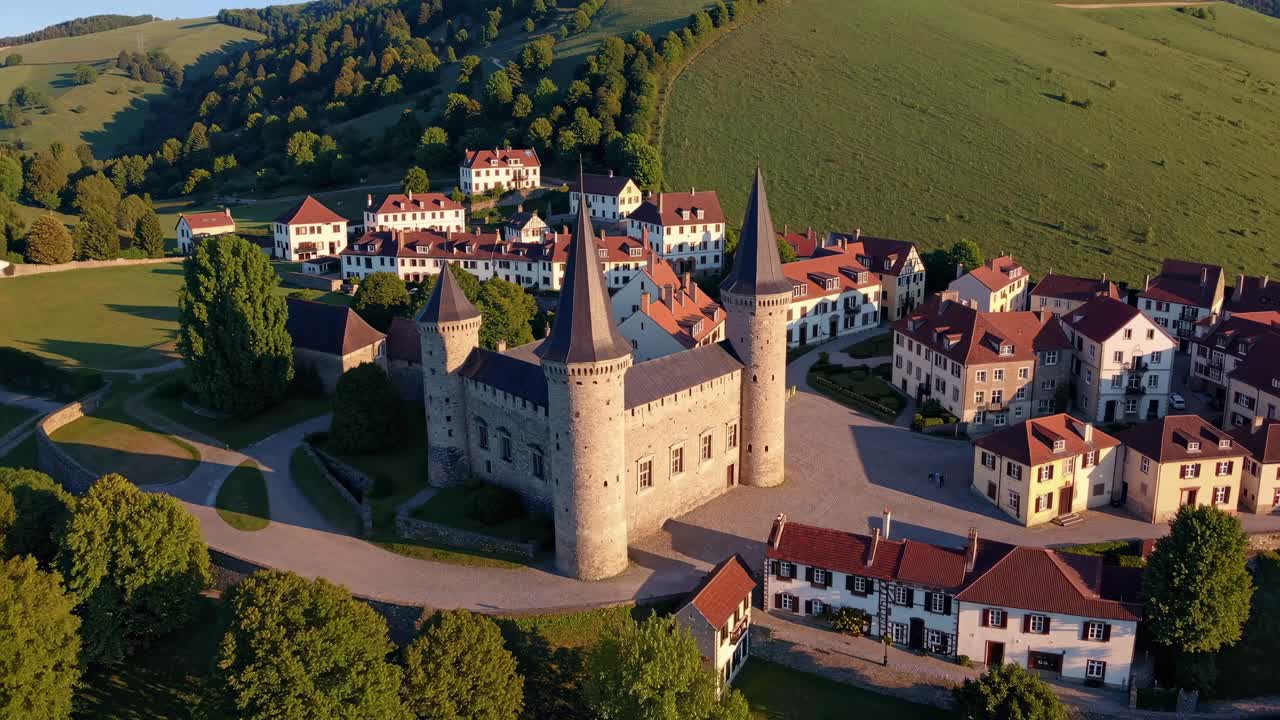 Video aereo che cattura un pittoresco borgo medievale con un castello centrale, circondato da un verde lussureggiante