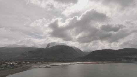 Aerial-static-shot-of-the-snow-covered-Ben-Nevis-Munro-and-mountain-range