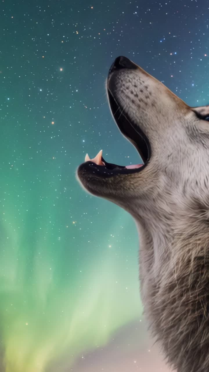 Vertical video: Reacting to aurora pulsing, gray wolf howling on tundra at night, copy space