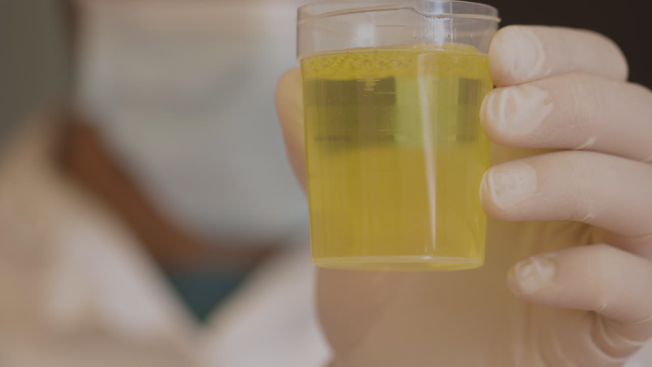 Doctor prepara una muestra de orina para análisis. Primer plano.