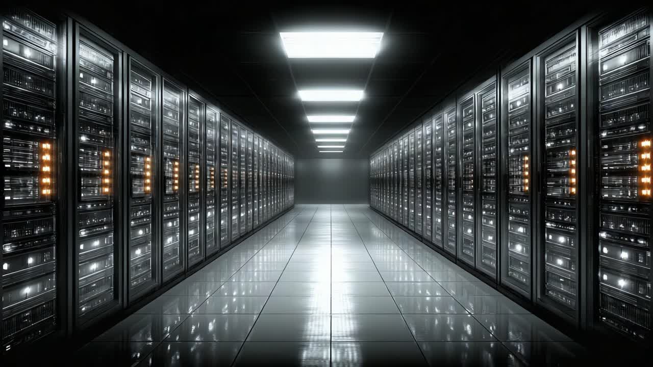 A High-Tech Data Center Corridor Illuminated by Bright LED Lights, Showcasing Rows of Server Racks in a Modern Computing Environment