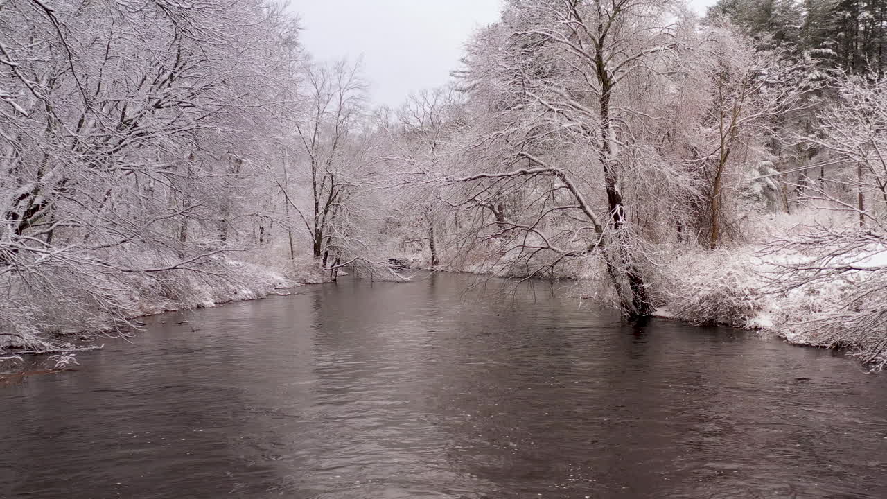 Low aerial over calm river flowing through a forest covered in snow in winter.
