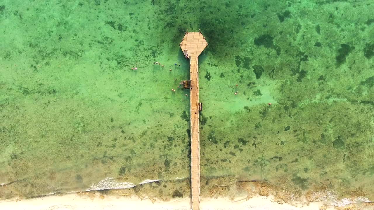 Aerial cenital view from pier at carribean sea coast line cozumel mexico.