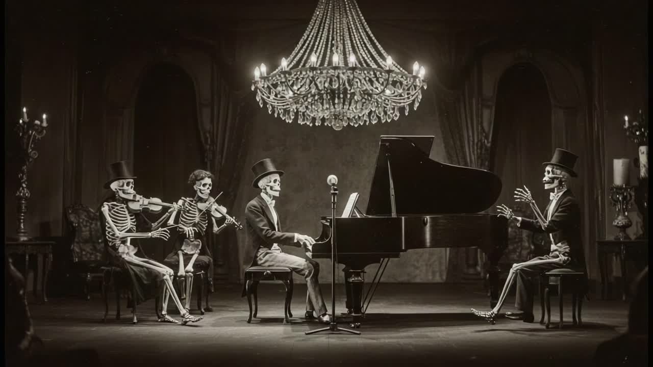 A Spooky Symphony: Skeleton Musicians Entertain with Piano, Violin, and a Haunting Melodic Performance Under a Grand Chandelier in a Gothic Setting