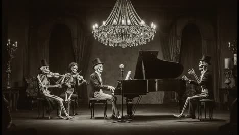 a spooky symphony: skeleton musicians entertain with piano, violin, and a haunting melodic performance under a grand chandelier in a gothic setting