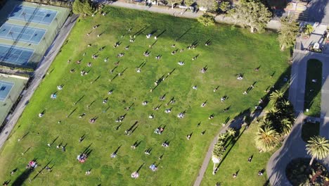 drone of san francisco park with 6 foot circles painted for social distancing