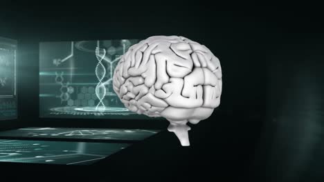 Animation-Eines-Rotierenden-3D-Gehirns-Mit-Wissenschaftlerbildschirmen-Im-Hintergrund
