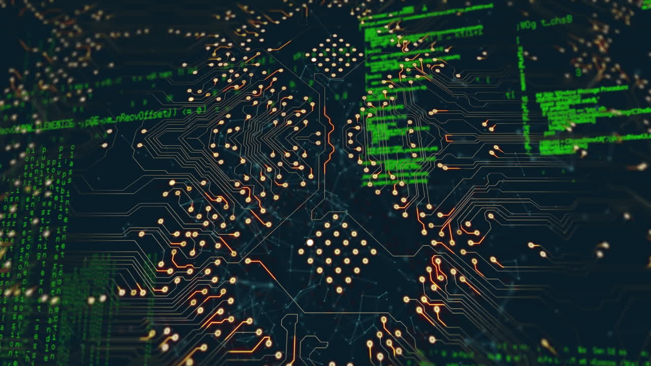 Animation of illuminated circuit board pattern over computer language against black background