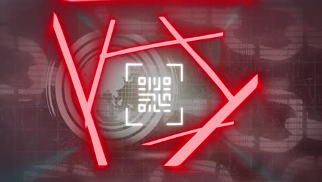 Animation of qr code over neon shapes and data processing