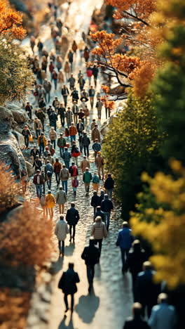 crowds strolling along a winding path in a scenic park