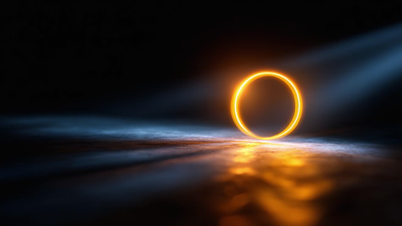 A mesmerizing, glowing ring rolls across a dark surface, illuminated by dramatic lighting, creating an enchanting atmosphere of intrigue and beauty in motion