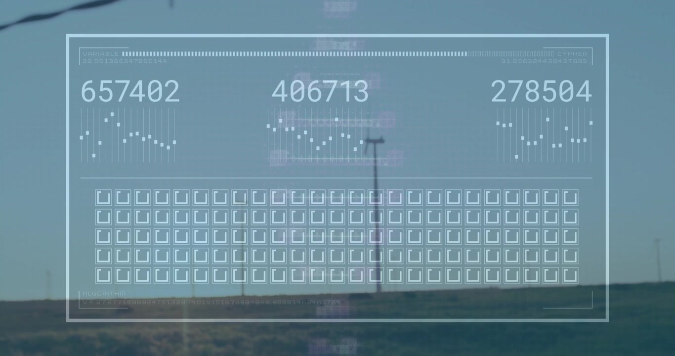 Geanimeerde overlay met numerieke uitlezingen en spreidingsdiagrammen op een raster, terwijl windturbines draaien.