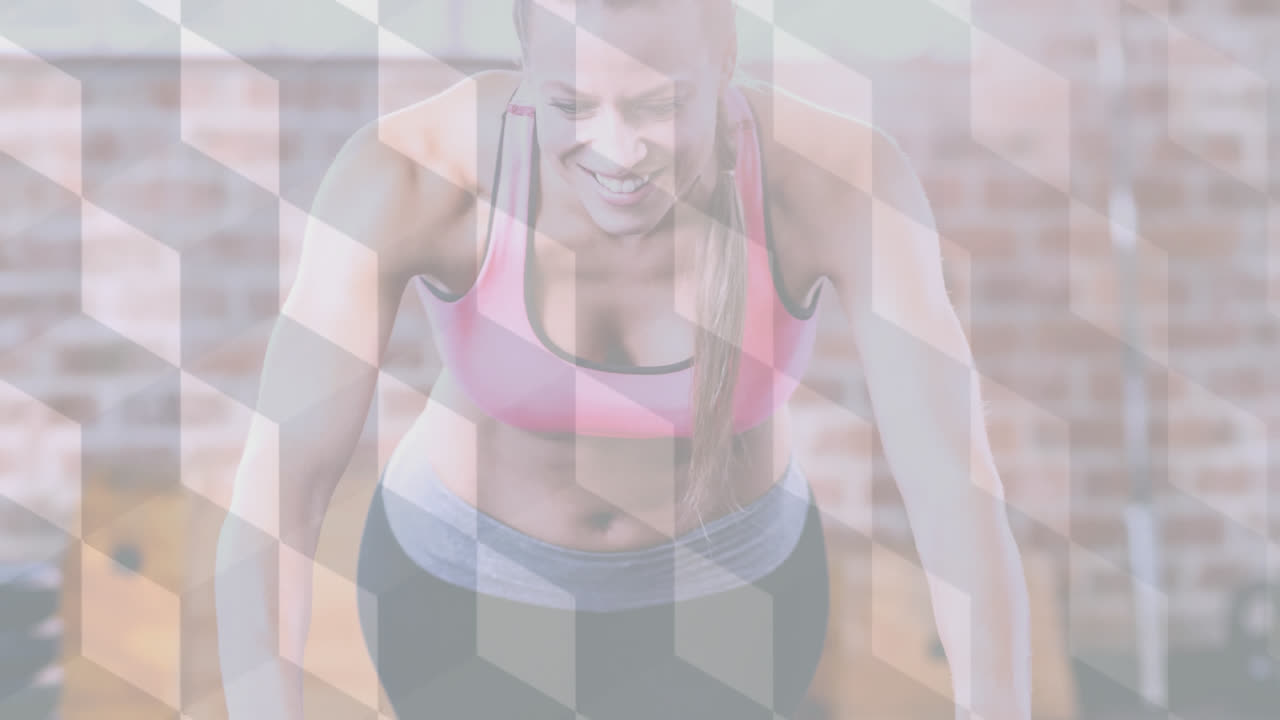 animación de cuadrados blancos sobre mujer haciendo ejercicio