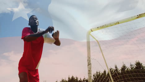 heading soccer ball towards goal, player with flag animation in background