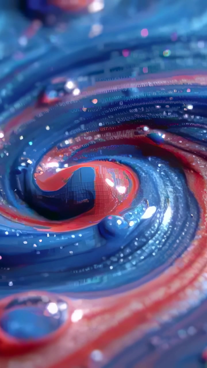 Vertical video: Stirring blue and red paint creating tightening vortex in macro glitter droplets