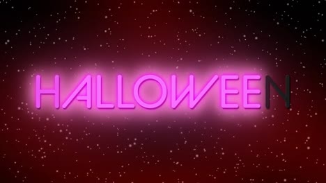 animation of white particles over neon halloween text banner against red gradient background