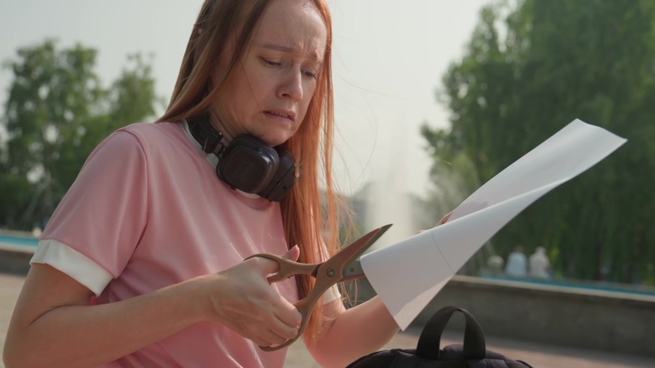 Young woman with long hair cuts sheet of paper outdoors wearing pink shirt and headphones around her neck. Woman holds cut paper in one hand and scissors in other against urban park backdrop