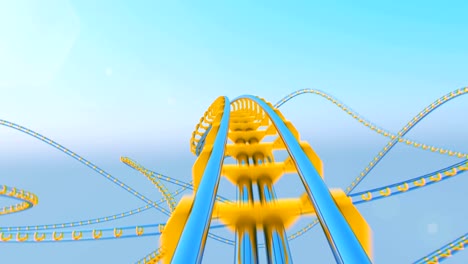 hermoso paseo en montaña rusa extremadamente rápido con el cielo y el sol brillan sin problemas. animación en bucle 3d de montaña rusa abstracta atracción curva ferrocarril. concepto de entretenimiento.