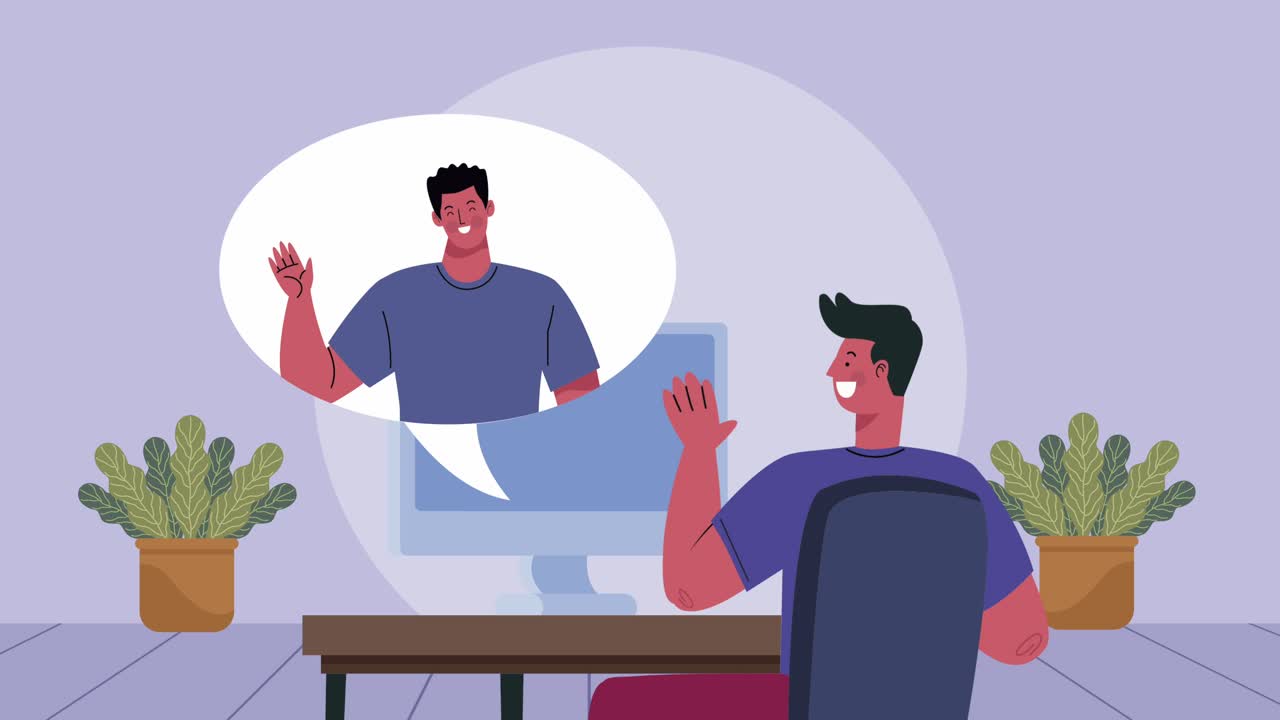 video conference animation with male friends in desktop