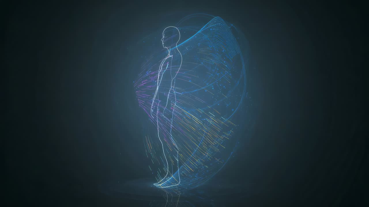 Turning neon human outline from profile to front on gloss floor as flows rising, shell enclosing