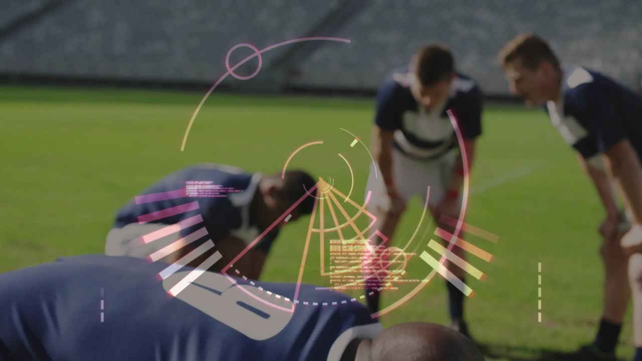 Male athlete breathing, bending on grass using data overlay tracking metrics for sports training