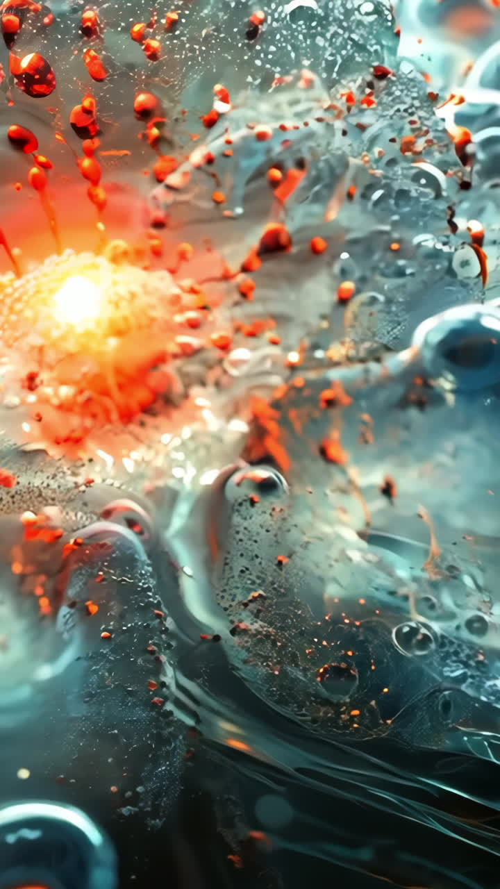 A close up of a blue blob with red dots in the center. The blob is surrounded by many small bubbles