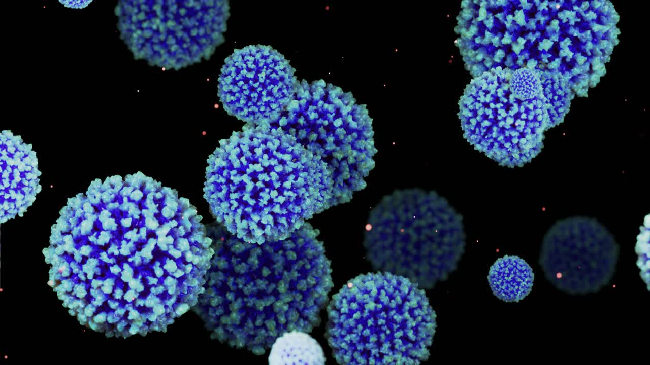 close-up coronavirus tipo covid-19, h1n1, gripe aviar o gripe porcina se mueven suavemente en fluido representación 3d del virus como fondo de bucle microscópico microbiológico. color de gradiente azul blanco púrpura