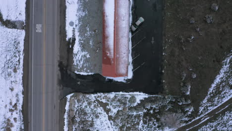 top down view of a wintery, snowy motel in tehachapi, ca