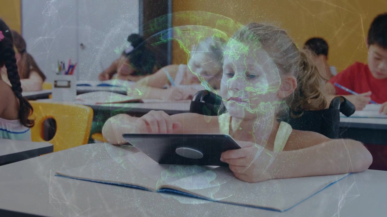 Girl in wheelchair tapping tablet to access lesson, adjusting grip as globe overlay aiding workbook