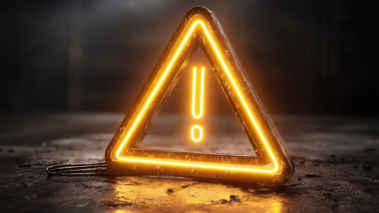 A Bright Illuminated Warning Sign with an Exclamation Mark Against a Dimly Lit Background, Symbolizing Caution and Alertness in a Mysterious Environment