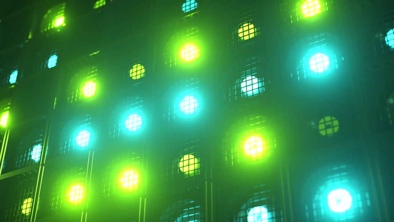 Flashing wall lights. Flashing lights Lanterns for clubs and discos. Matrix beam headlights. Nightclub halogen lamp. Seamless loop 3d render. Green light